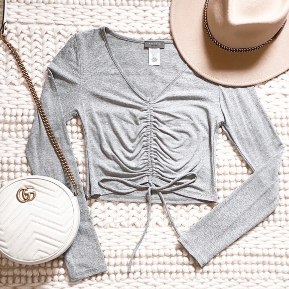 New Gray Cinched Long Sleeve Crop Top - Picture 4 of 8